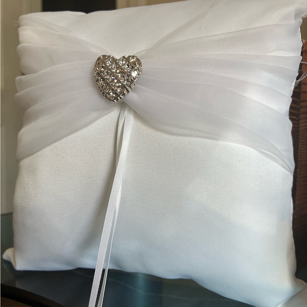 White Satin Ring Bearer Pillow with Heart Brooch